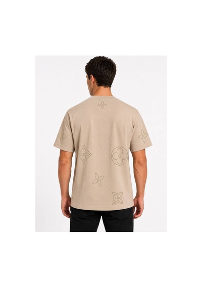 Hzr Wear %100 Pamuk Regular Fit Bisiklet Yaka Kısa Kollu Kabartma Baskılı Erkek Tişört Bej