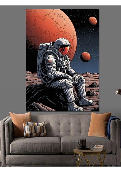 Ahşap Tablo Uzayda Oturan Modern Astronot Figürü