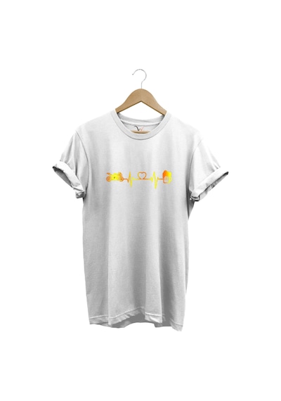 Racing Motorsiklet Kalp Ritmi Ve Bira Tasarımlı %100 Pamuk Regular Fit Beyaz T-shirt Beyaz