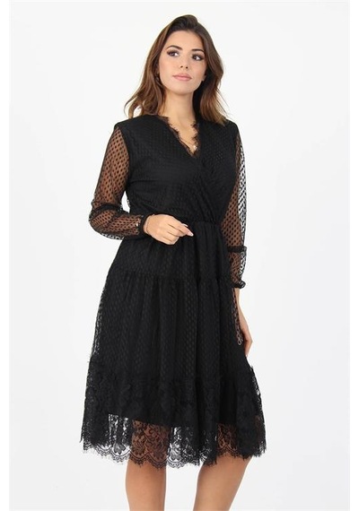Neşeli Butik Kadın Tül Kruvaze Yaka Eteği Dantel Detaylı Yeni Sezon Elbise Apcx39 Siyah