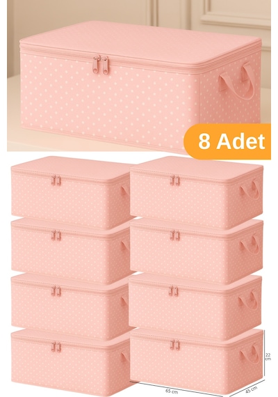 Serstil 8 Adet - Pembe Benekli Büyük Boy Baza Altı Ve Çekyat Tipi Hurç 65 X 45 X 22 Cm Pembe Puantiye