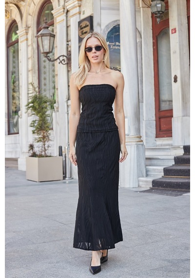 Jument Kadın Desenli Tül Strapless Likralı Body Bluz-siyah