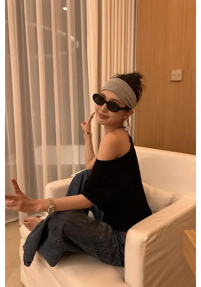 Siyah 5li Paket Kadın Düşük Omuz Kayık Yaka Oversize T-shirt Siyah - Siyah - Siyah - Siyah - Siyah