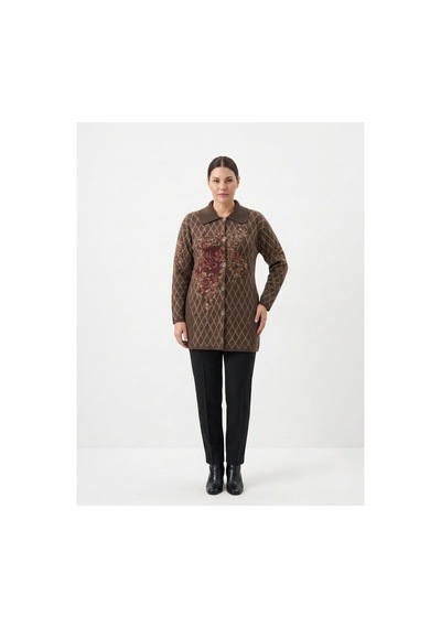 Onno Style Women Ekose Gül Pike Desenli Çelik Örgü Kadın Triko Kaban Kahverengi