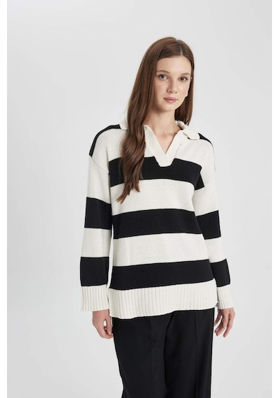 DeFacto Regular Fit Polo Yaka Çizgili Triko Kazak Tunik B8370AX24SPER133 Ekru