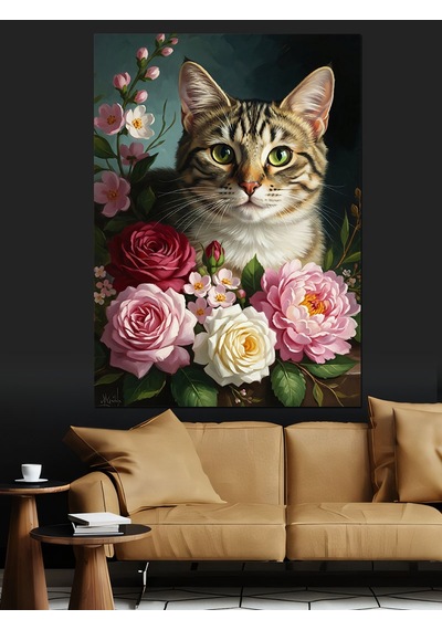 Ahşap Tablo Pembe Güller Arasında Meraklı Kedi
