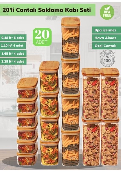20 Li Erzak Saklama Kabı Seti Bpa Free Bakliyat Kutusu Hava Almaz Bambu