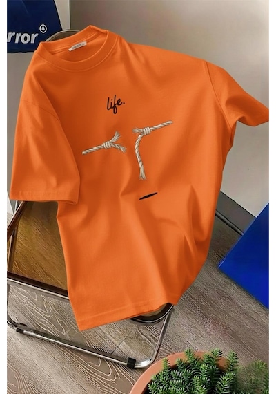 Life Design Minimalist İllüstrasyon Baskılı Unisex Oversize Tişört Turuncu