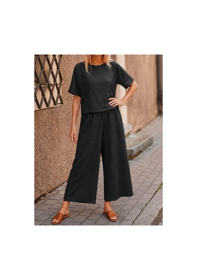 Butik İstanbul Kadın Kısa Kollu Kayık Yakalı Bluz Ve Pantolon Ikili Takım Siyah