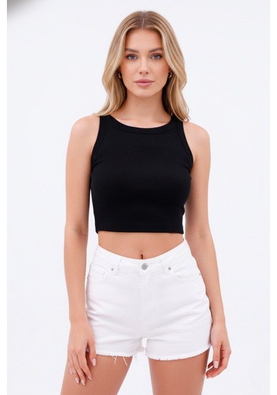 Zedefx Kadın Halter Yaka Pencere Detaylı Crop Bluz Siyah