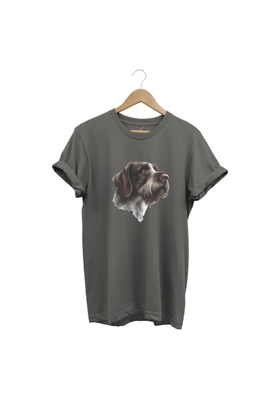 Avcılık Hunting Drahthaar Draktar Av Köpeği Baskılı %100 Pamuk Regular Fit Unisex T-shirt Gri