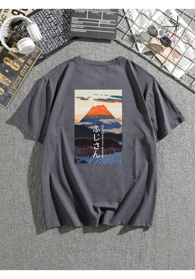 Mount Fuji Baskılı Füme T-shirt Oversize Unisex Füme Mount Fuji Baskılı Füme T-shirt Oversize Unisex Füme