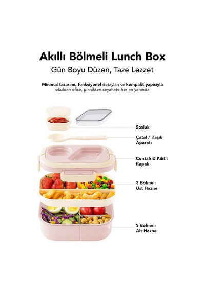 Bondie Kilitli Kapak Yemek Kabı - 2 Katlı Bölmeli Kaşık Ve Sosluklu Lunch Box Beslenme Kutusu Pembe