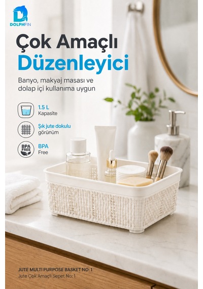 Jute Çok Amaçlı Sepet No:1 1,5 L Plastik Saklama Düzenleme Sepeti 18,5x13x6,5 Cm Çok Renkli