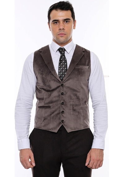 Wessi Kahverengi Ceket Yaka Slimfit Tek Yelek 001