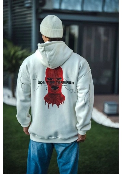 Vexor Üç İplik Kapşonlu Baskılı Oversize Sweatshirt- Beyaz