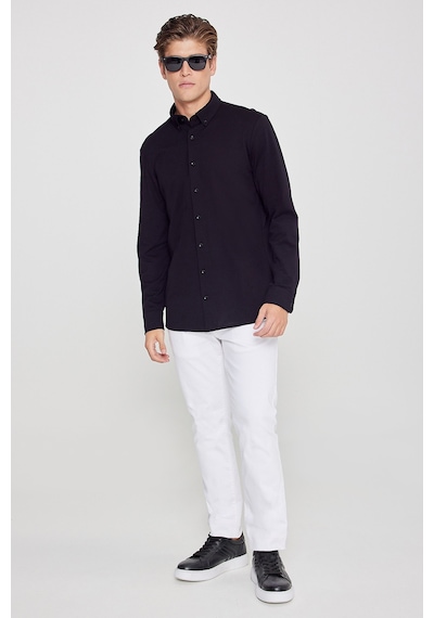 AC&Co / Altınyıldız Classics Erkek Sıyah Pamuklu Tailored Slim Fit Dar Kesim Düğmeli Yaka Örme Gömlek Siyah