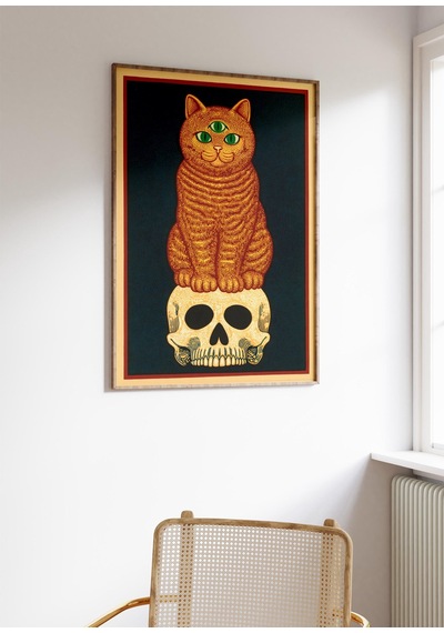 Üç Gözlü Kedi Posteri Kafatası İllüstrasyon Baskısı Sürreal Duvar Sanatı