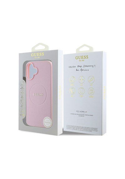 Apple iPhone 16 Plus Uyumlu Kılıf Guess Lisanslı Magsafe Şarj Özellikli Yazı Logolu Grained Kapak Pembe