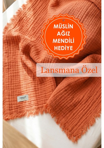 Bebek 4 Katlı Müslin Pike Örtü %100 Pamuk 2'li Ağız Bezi Hediyeli Yenidoğan 85x100 Battaniye Kiremit