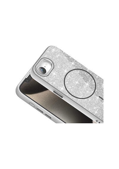 Apple Uyumlu  iPhone 16e Kılıf M-safe Şarj Özellikli Parlayan Simli Zore Okso Kapak Beyaz
