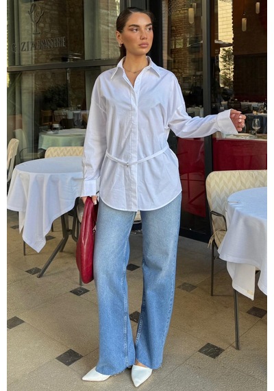 Seeh Beyaz Kemer Detaylı Oversize Kadın Gömlek Sh366 Basic