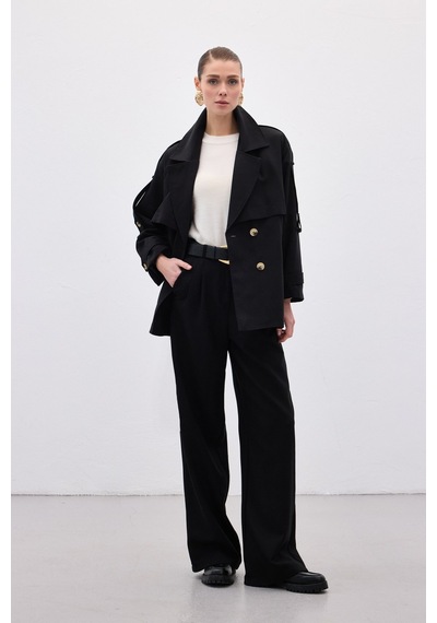Sateen Kısa Trençkot - Siyah-136635 Siyah