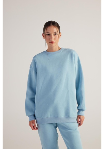 Holly Lolly Kadın Mavi Oversize Şardonlu Yazı Baskılı Fluffy Sweatshirt