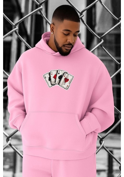 Benroma 3 İplik Penye Poker Kart Baskılı Büyük Beden Sweatshırt Pembe