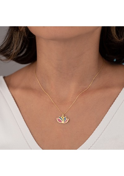 Dkmn Gümüş 925 Ayar Gümüş Mineli Lotus Çiçeği Kolye Pembe Mavi Sarı