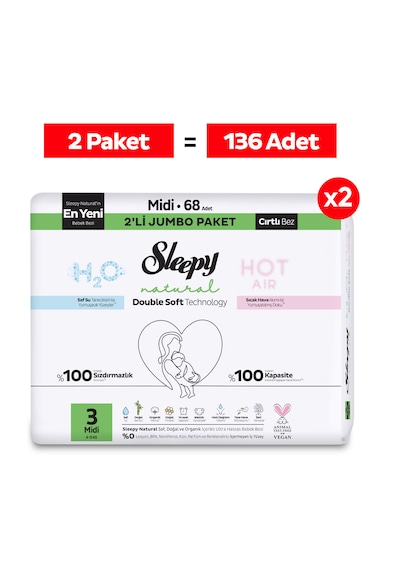 Sleepy Natural Double Soft Avantajlı Mega Paket Bebek Bezi 3 Numara Midi 136 Adet