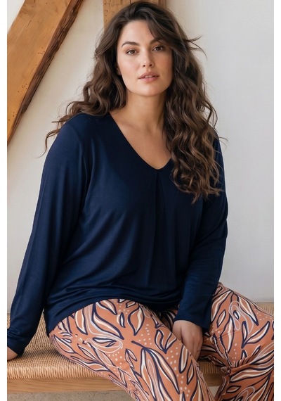 Siyah İnci Desenli Büyük Beden Battal Boy Viskon Örme Pijama Takım 26224818 Lacivert