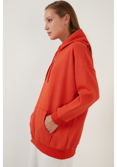 Lela Regular Fit Pamuklu Kapüşonlu Yaka Şardonlu Kışlık Bayan Sweat 5863854 Oranj