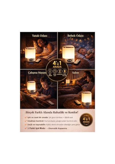 Şarjlı Led Gece Lambası Uzaktan Kumandalı Dekoratif Aydınlatma Dijital Saatli Masa Lambası Beyaz Beyaz