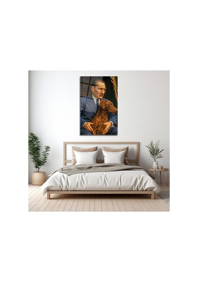 Sadakat Ve Liderlik Temalı Atatürk Ve Köpeği Cam Tablo Atatürk Temalı Dekoratif Duvar Tablosu, Salon, Ofis Ve Çalışma Alanı Dekoru,