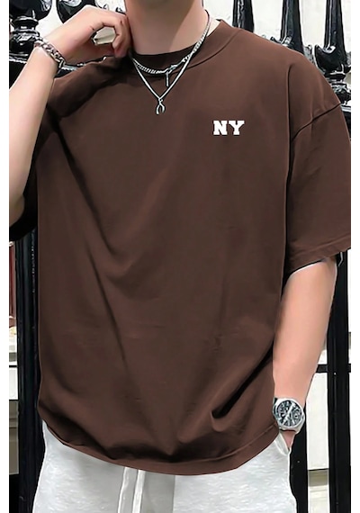 Erkek Ny Baskılı Oversize Tshirt Kahverengi