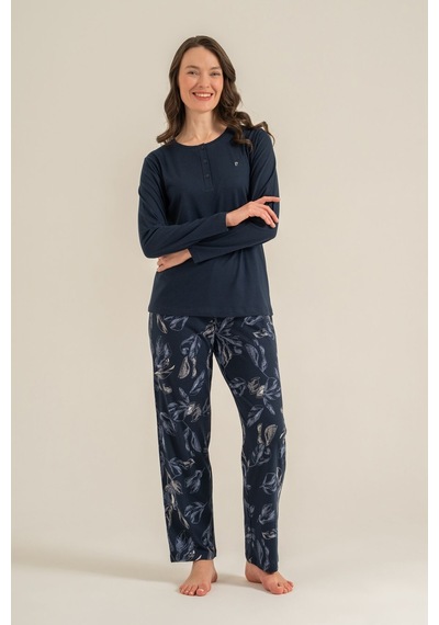 Pierre Cardin Kadın Leaves Lacivert Uzun Kol Pijama Takım Pc9258-s-v1 Pc9258-s-v1