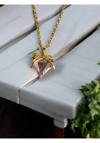 Pembe Kristal Kalpli Kadın Kolye Zirkon Taş Detaylı, Paslanmaz Çelik 55 Cm Zarif Tasarım Çelik