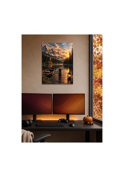 Gün Batımı Dağ Ve Göl Manzaralı Metal Tablo - Doğa Ve Kamp Temalı Duvar Dekoru, Metal Poster Wall Art Turuncu - 929073368 Turuncu - 929073368 Turuncu