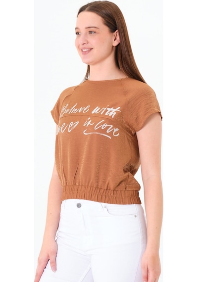 Sortie Collection Reglan Kollu Yazı Baskılı Beli Lastikli Bluz Kahverengi