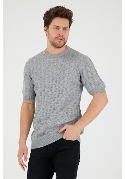 Tarz Cool Erkek Yuvarlak Yaka Desenli Örme T-shirt Gri