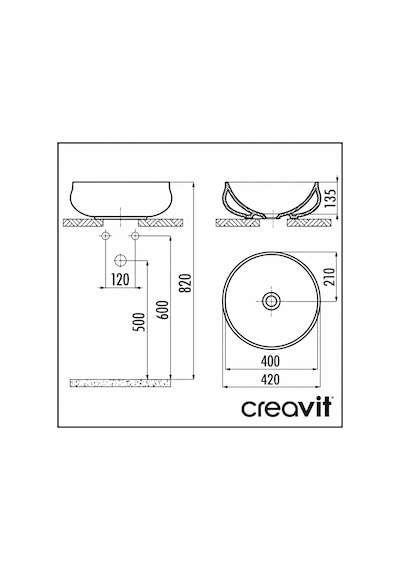 Creavit Gordo GO140 Oval Tezgâh Üstü Batarya Deliksiz Lavabo Beyaz 42 x 42 CM