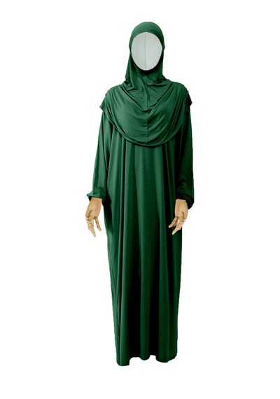 Kız Çocuk Tesettür Elbisesi Tek Parça Namaz Kıyafeti Tak Çıkar Başörtülü Pamuklu Lastikli Kolu Zümrüt Yeşili