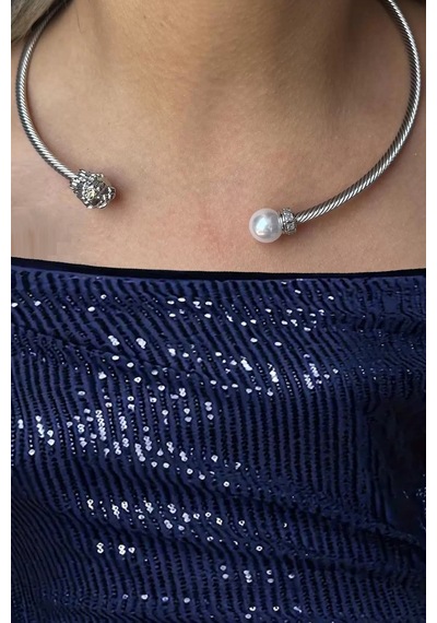 Caş Dekorasyon Gümüş Renk Aslanlı İncili Metal Choker Kolye Gümüş