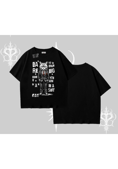 Startmore Startmore Dream Big Yazılı Takım Elbiseli Kedi Baskılı Oversize Tshirt Siyah