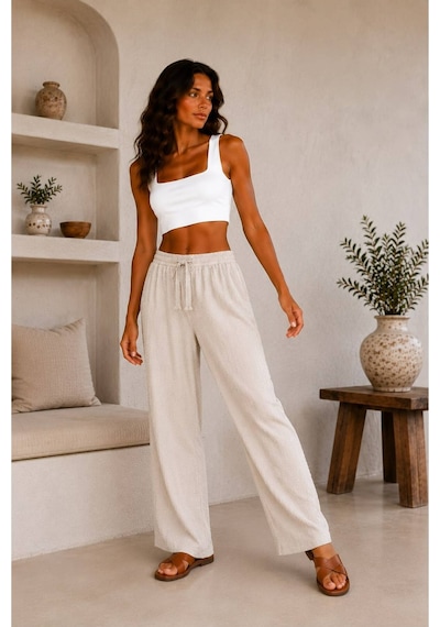 Hira Life Fashion Kadın Kumaşı Kabartma Detaylı Bol Paça Ve Önü Bağcıklı Salaş Burgu Şık Pantolon Bej Bej Hira Life Fashion Kadın Kumaşı Kabartma Detaylı Bol Paça Ve Önü Bağcıklı Salaş Burgu Şık Pantolon Bej Bej