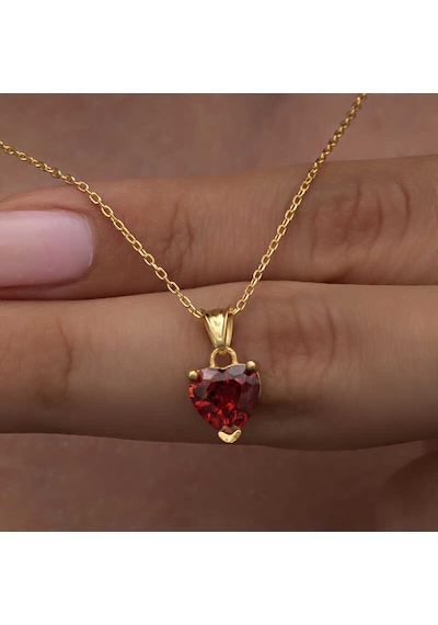 925 Ayar Gümüş Gold Kırmızı Taşlı Kalpli Kadın Kolye