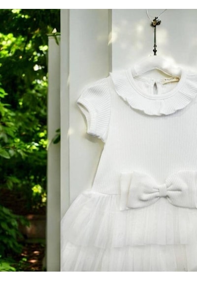 Zekids Kız Çocuk Fitilli Tütülü Elbise-14525 Beyaz