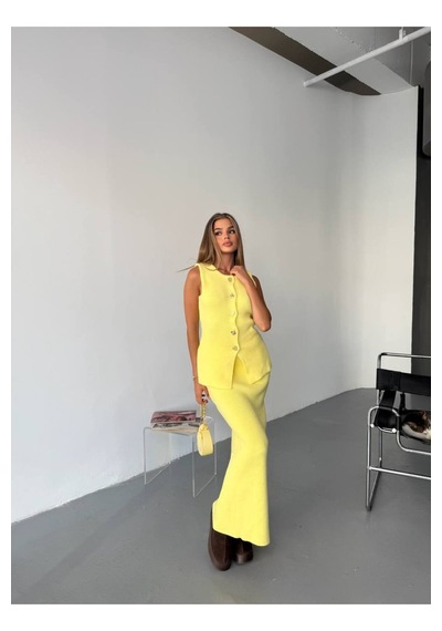 Kechi Woman Gold Aksesuarlı Yelek Etek Sarı Triko Takım