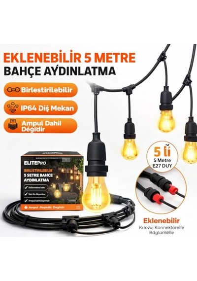 Tr 5 Duylu Eklenebilir Bahçe Aydınlatma Zinciri 5 Metre E27 Duy Sarmaşık Işık Ip64 Dış Mekan Aydınlatma